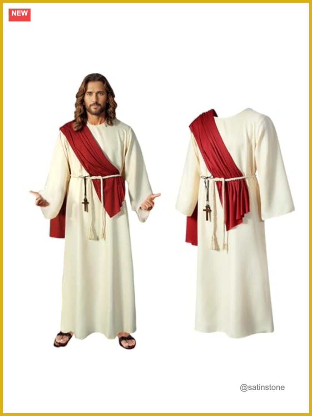 Jesus Robe Costume Adult White Tweed Red Scarf Crucifix Waist Lanyard